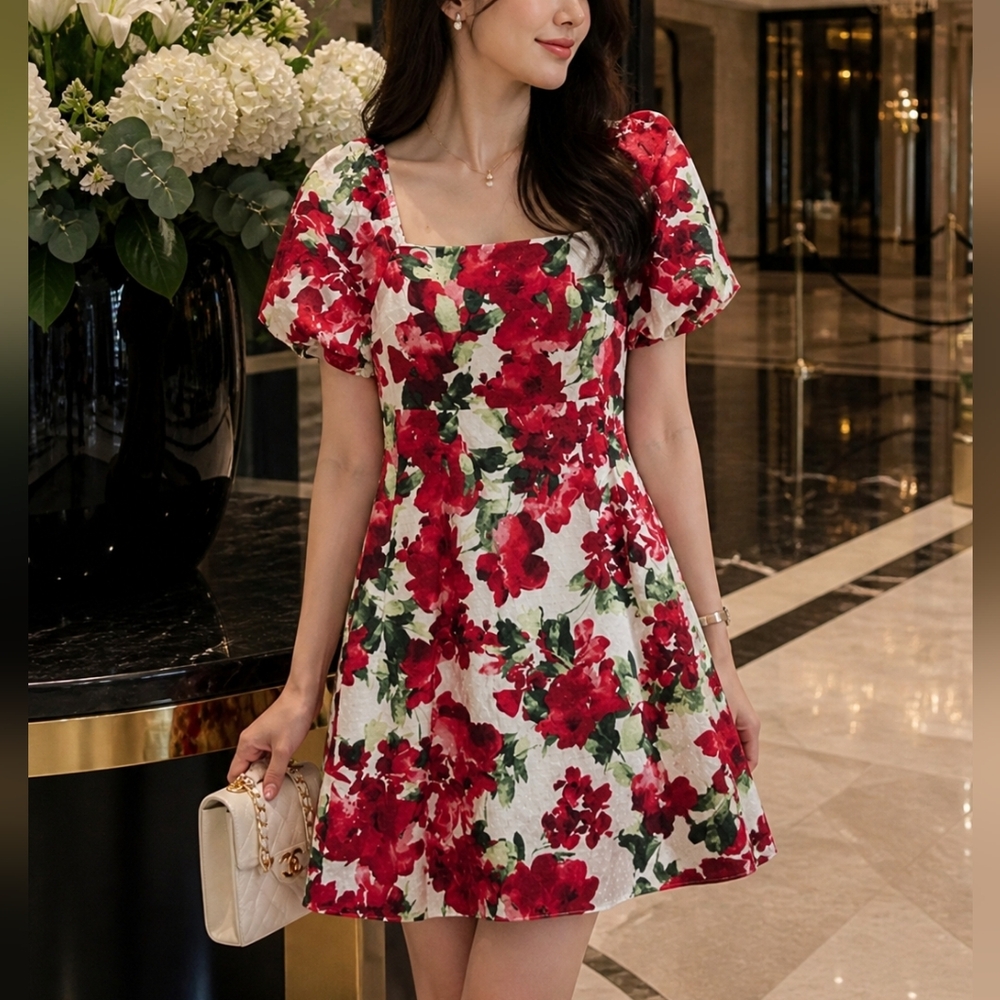 Julia Jordan Red Floral Mini Dress Size 4 | Romantic Puff Sleeve Dress